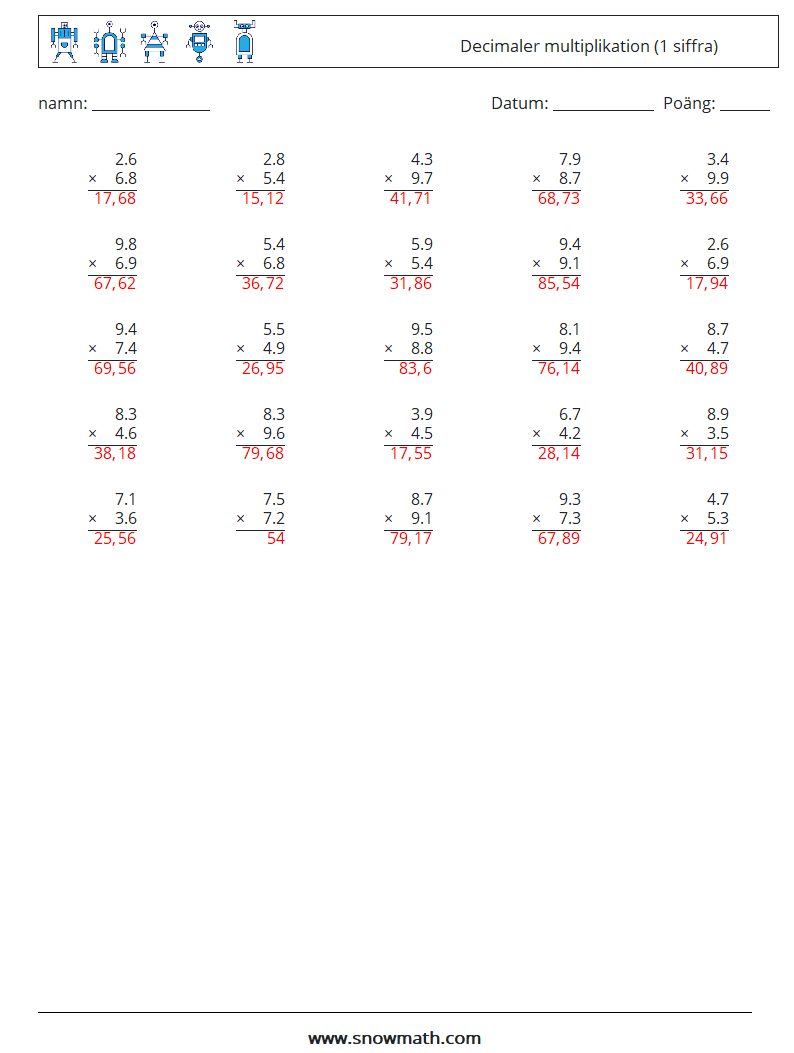 (25) Decimaler multiplikation (1 siffra) Matematiska arbetsblad 15 Fråga, svar