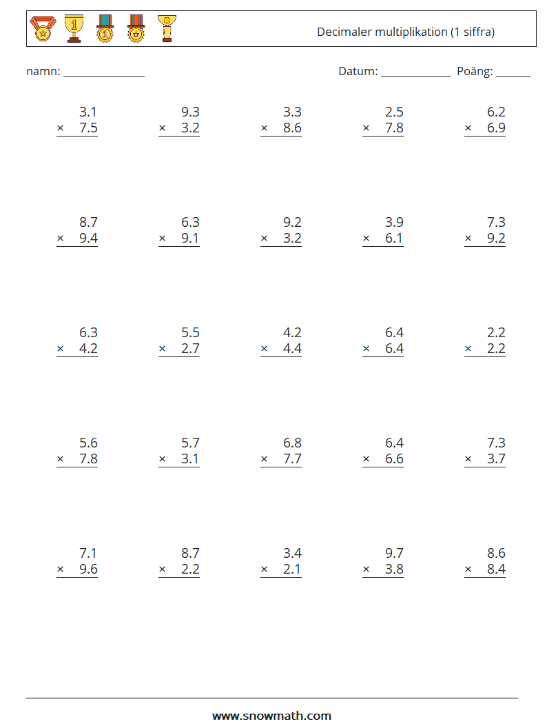 (25) Decimaler multiplikation (1 siffra) Matematiska arbetsblad 16