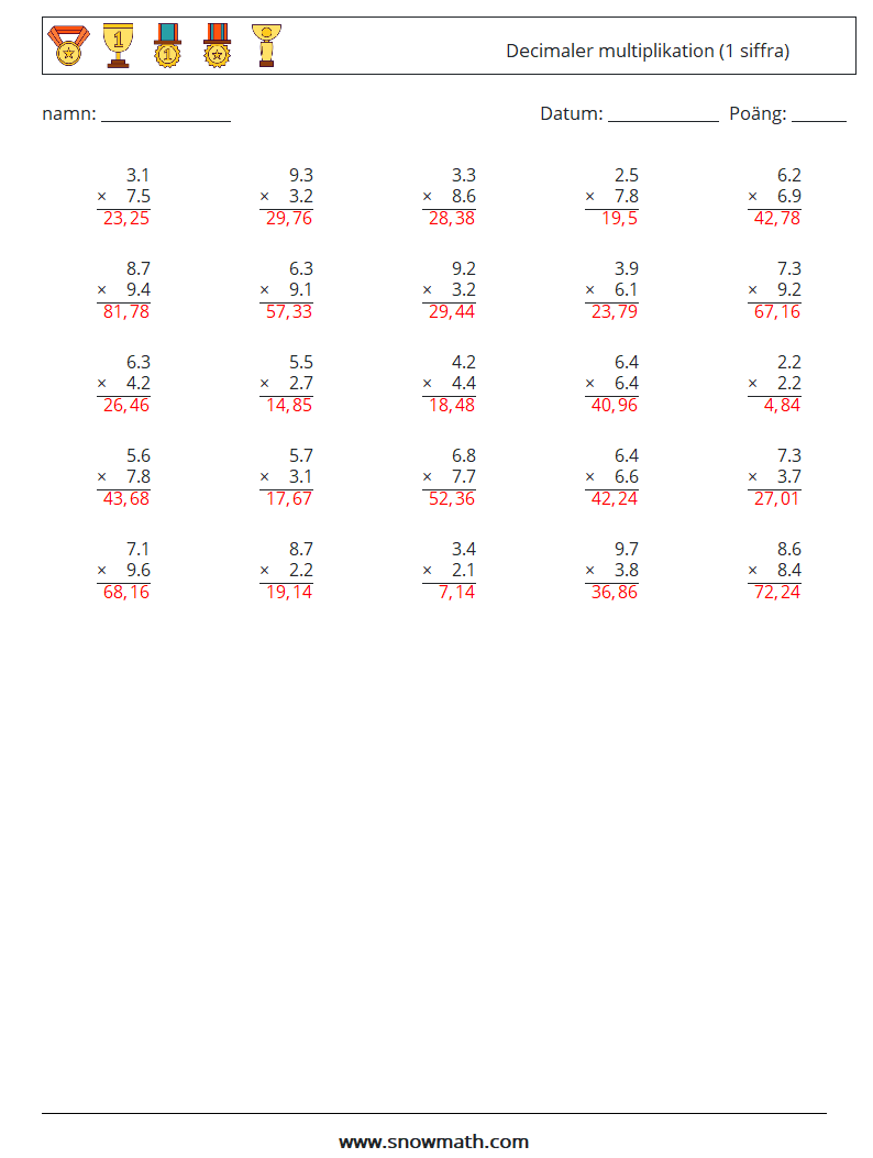 (25) Decimaler multiplikation (1 siffra) Matematiska arbetsblad 16 Fråga, svar