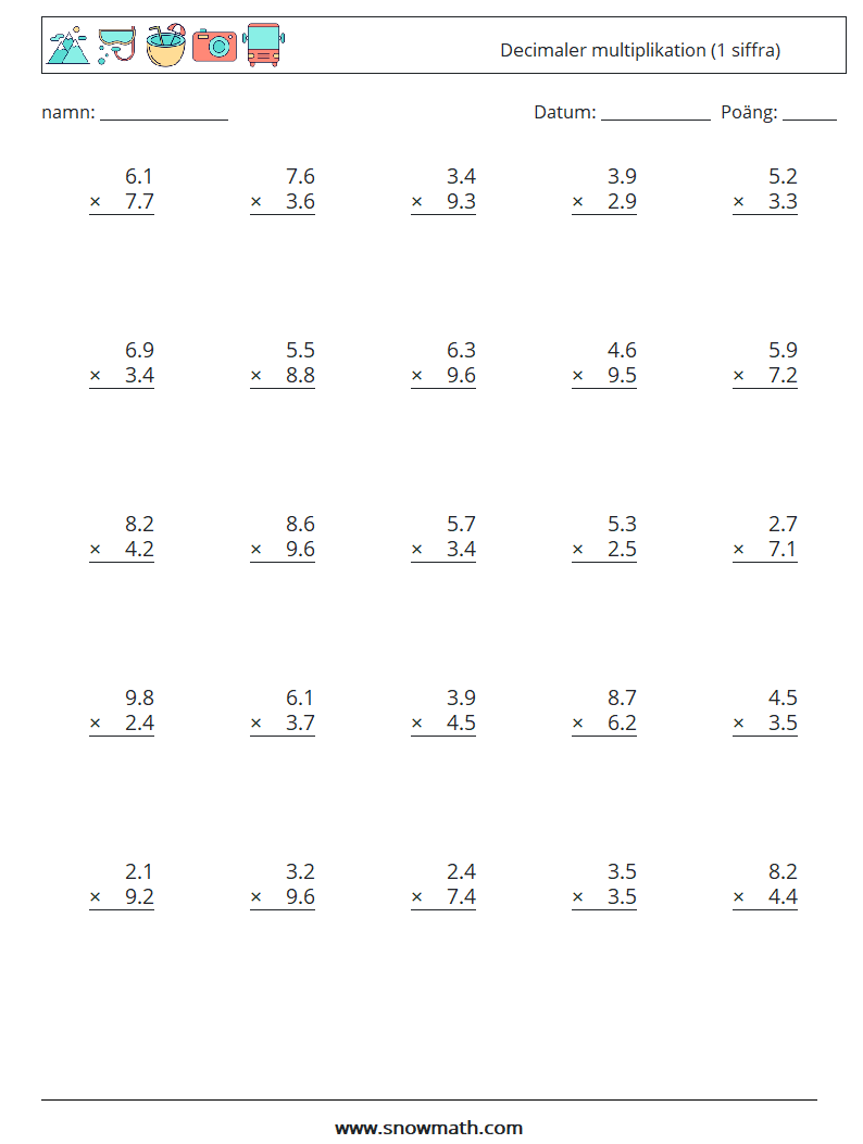 (25) Decimaler multiplikation (1 siffra) Matematiska arbetsblad 17