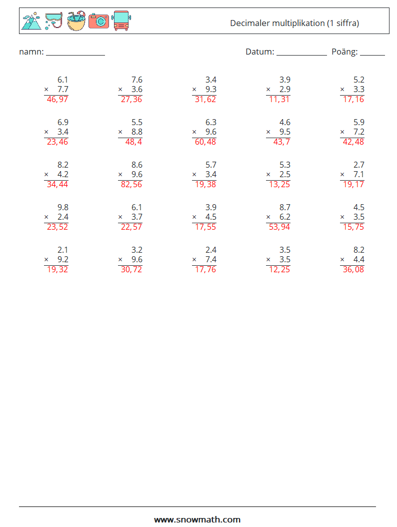 (25) Decimaler multiplikation (1 siffra) Matematiska arbetsblad 17 Fråga, svar