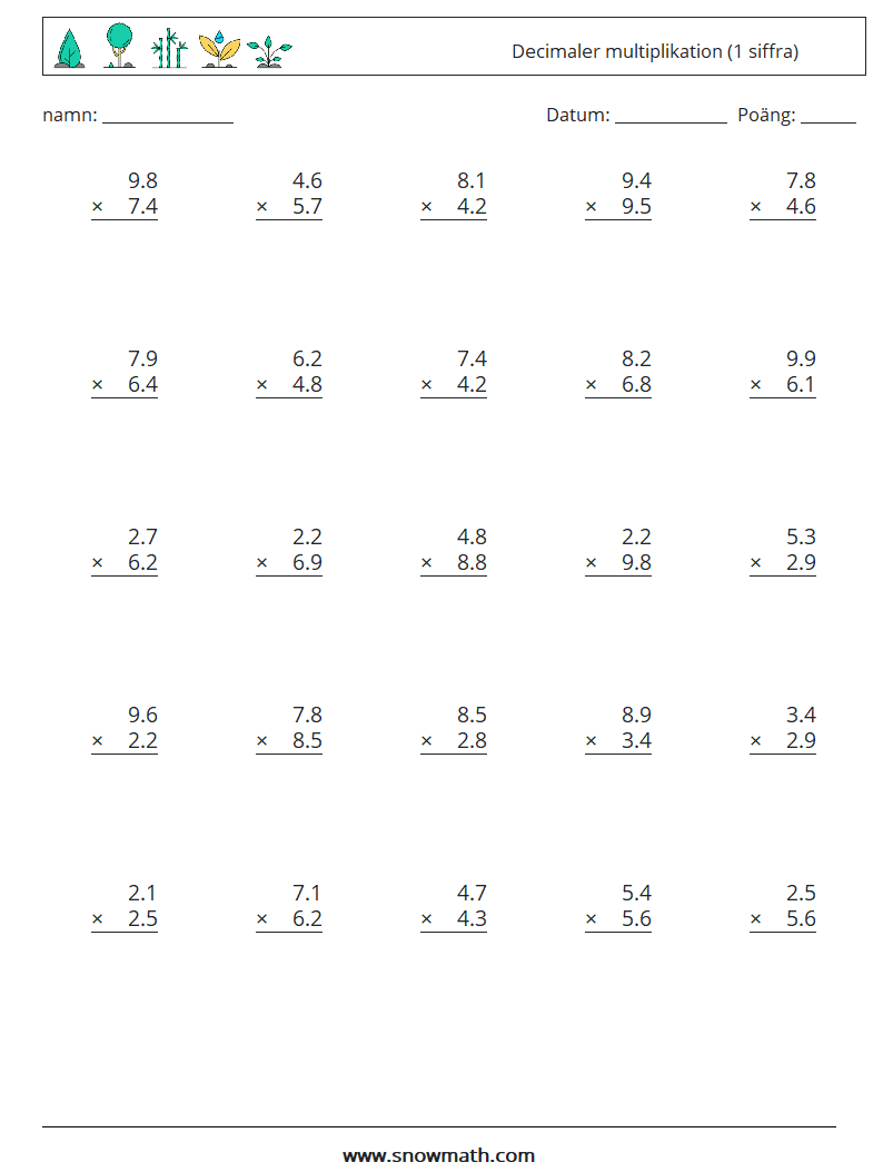 (25) Decimaler multiplikation (1 siffra) Matematiska arbetsblad 18