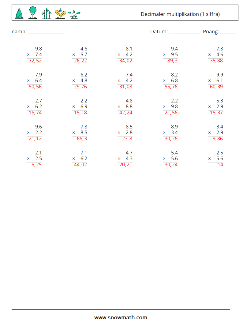 (25) Decimaler multiplikation (1 siffra) Matematiska arbetsblad 18 Fråga, svar