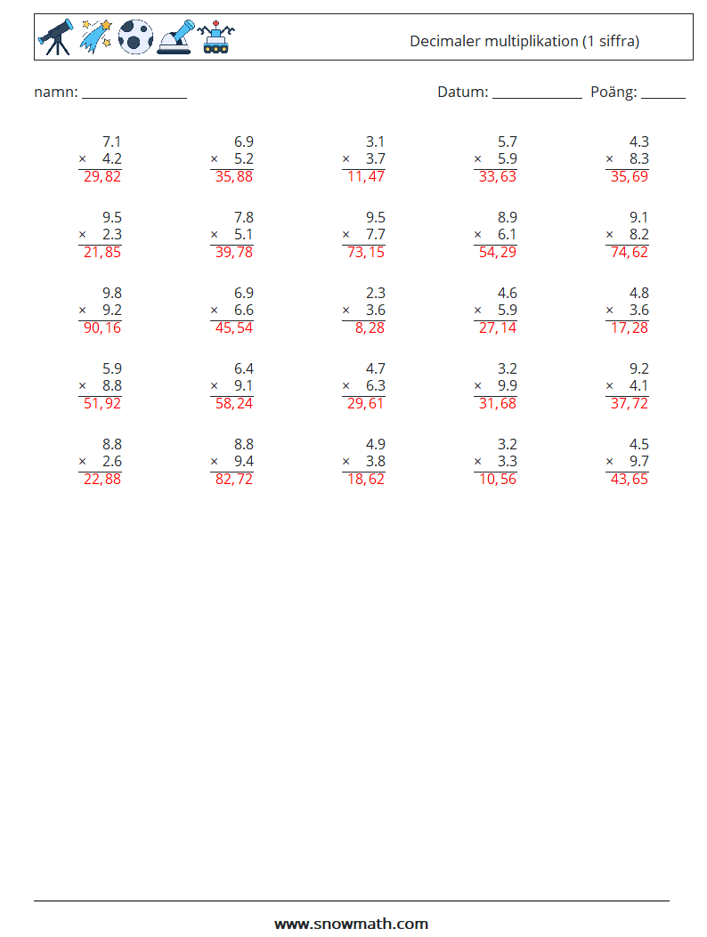 (25) Decimaler multiplikation (1 siffra) Matematiska arbetsblad 2 Fråga, svar