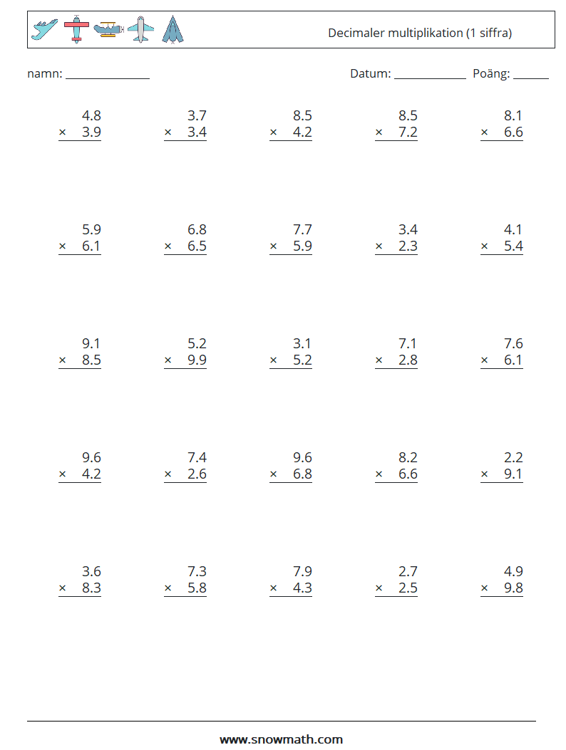 (25) Decimaler multiplikation (1 siffra) Matematiska arbetsblad 4