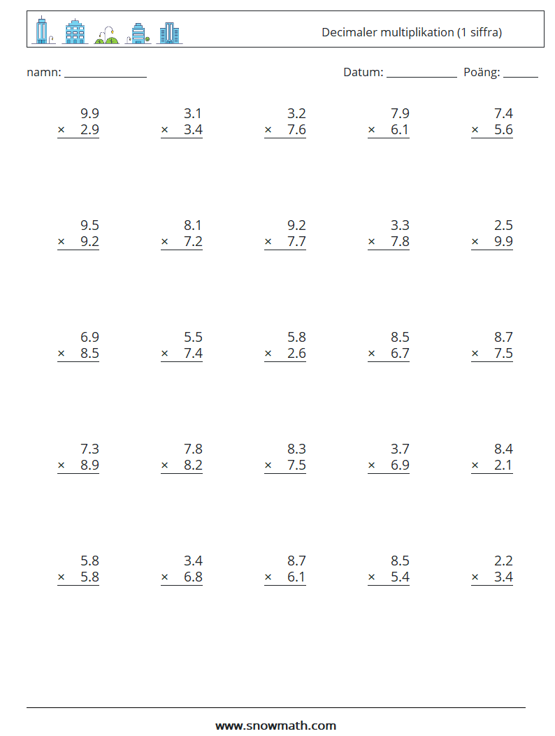 (25) Decimaler multiplikation (1 siffra) Matematiska arbetsblad 5