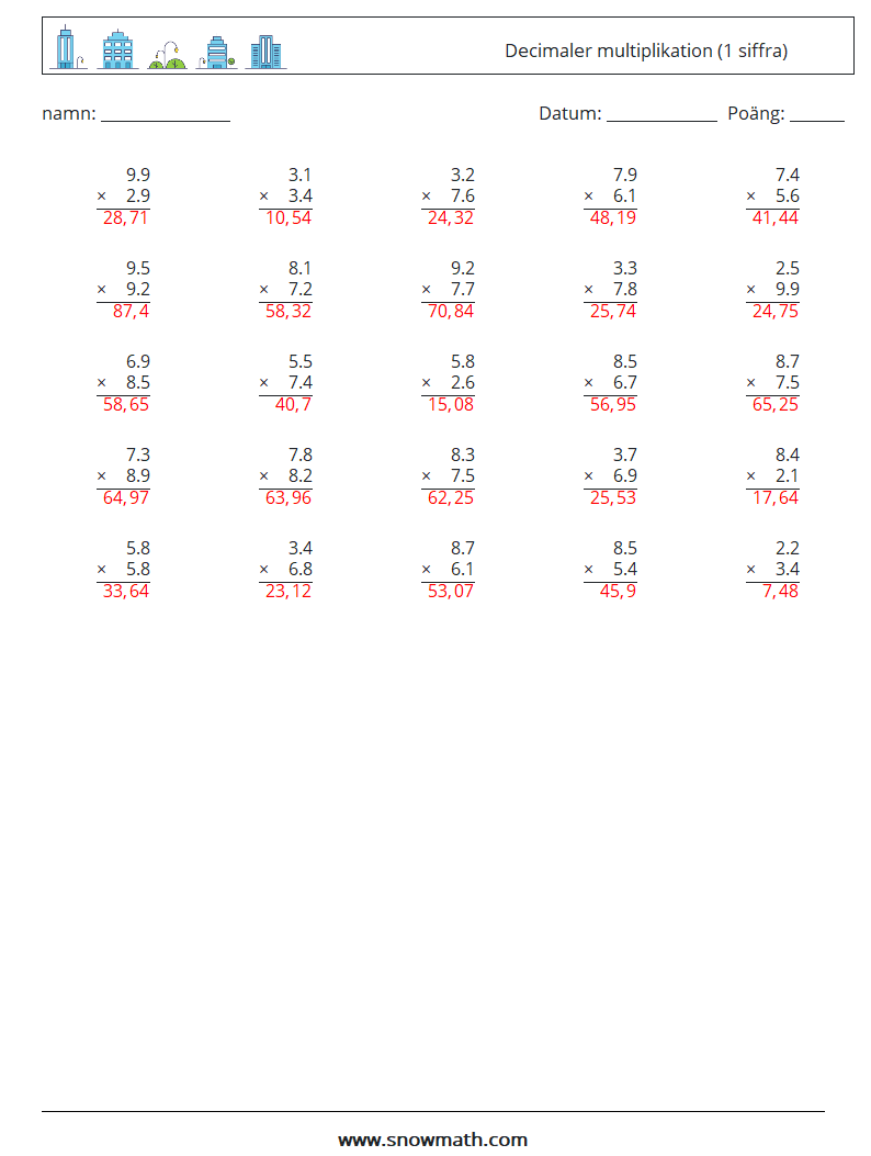 (25) Decimaler multiplikation (1 siffra) Matematiska arbetsblad 5 Fråga, svar