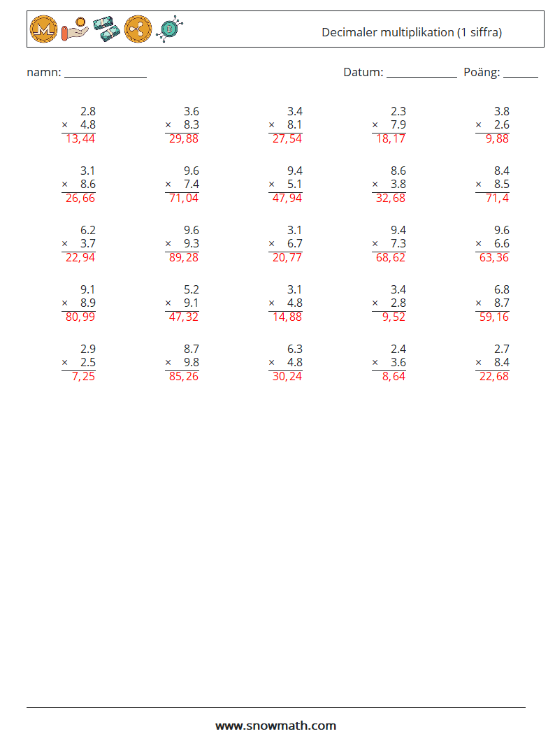 (25) Decimaler multiplikation (1 siffra) Matematiska arbetsblad 6 Fråga, svar