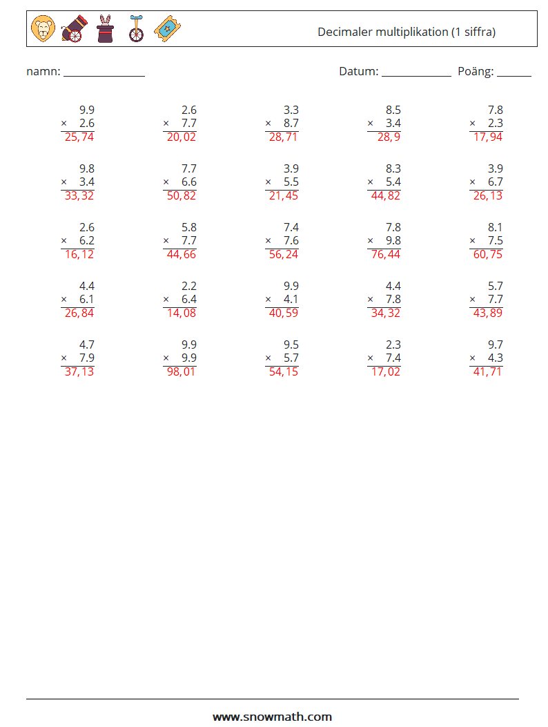 (25) Decimaler multiplikation (1 siffra) Matematiska arbetsblad 7 Fråga, svar