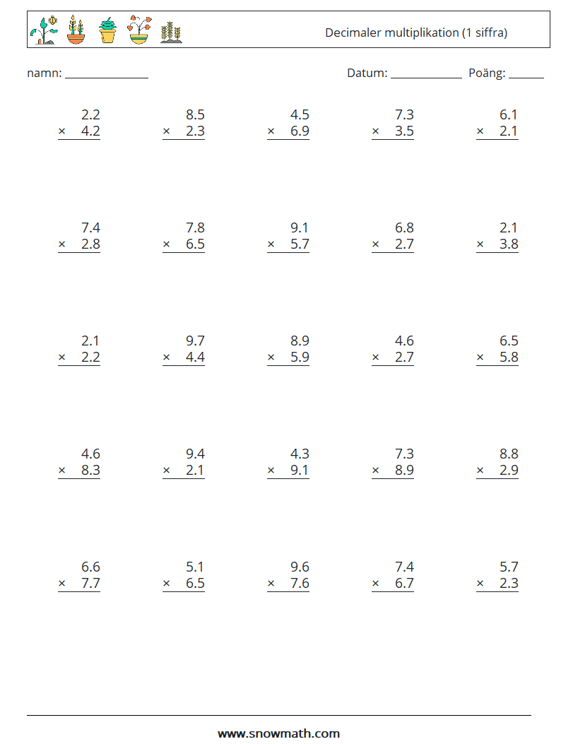 (25) Decimaler multiplikation (1 siffra) Matematiska arbetsblad 8