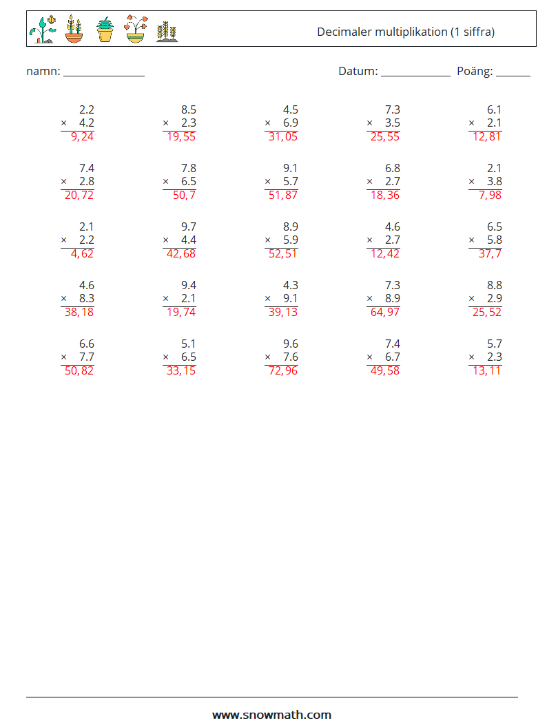 (25) Decimaler multiplikation (1 siffra) Matematiska arbetsblad 8 Fråga, svar