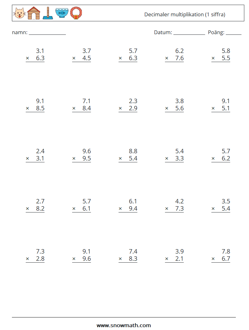 (25) Decimaler multiplikation (1 siffra) Matematiska arbetsblad 9