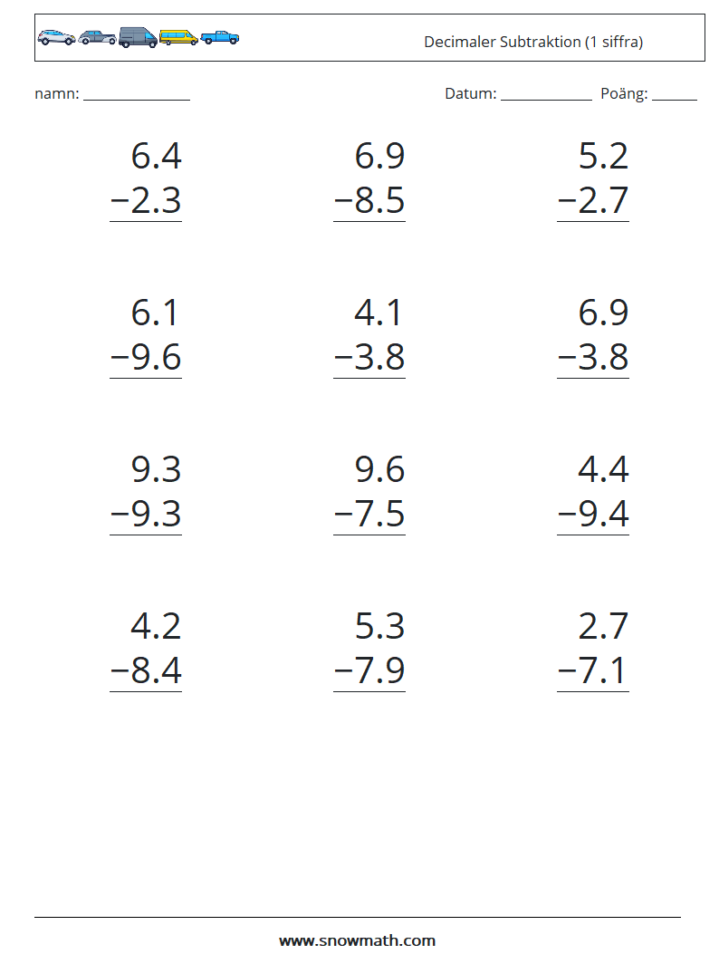 (12) Decimaler Subtraktion (1 siffra)