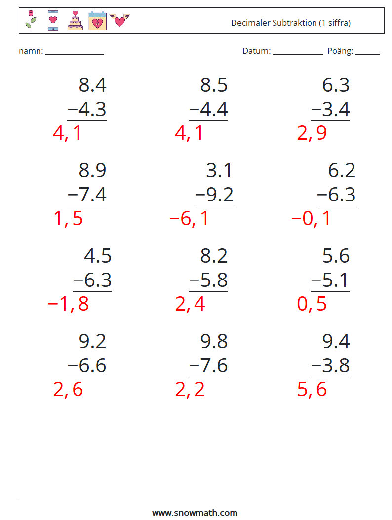 (12) Decimaler Subtraktion (1 siffra) Matematiska arbetsblad 10 Fråga, svar