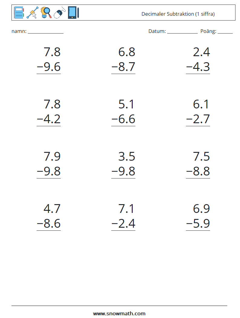 (12) Decimaler Subtraktion (1 siffra) Matematiska arbetsblad 11