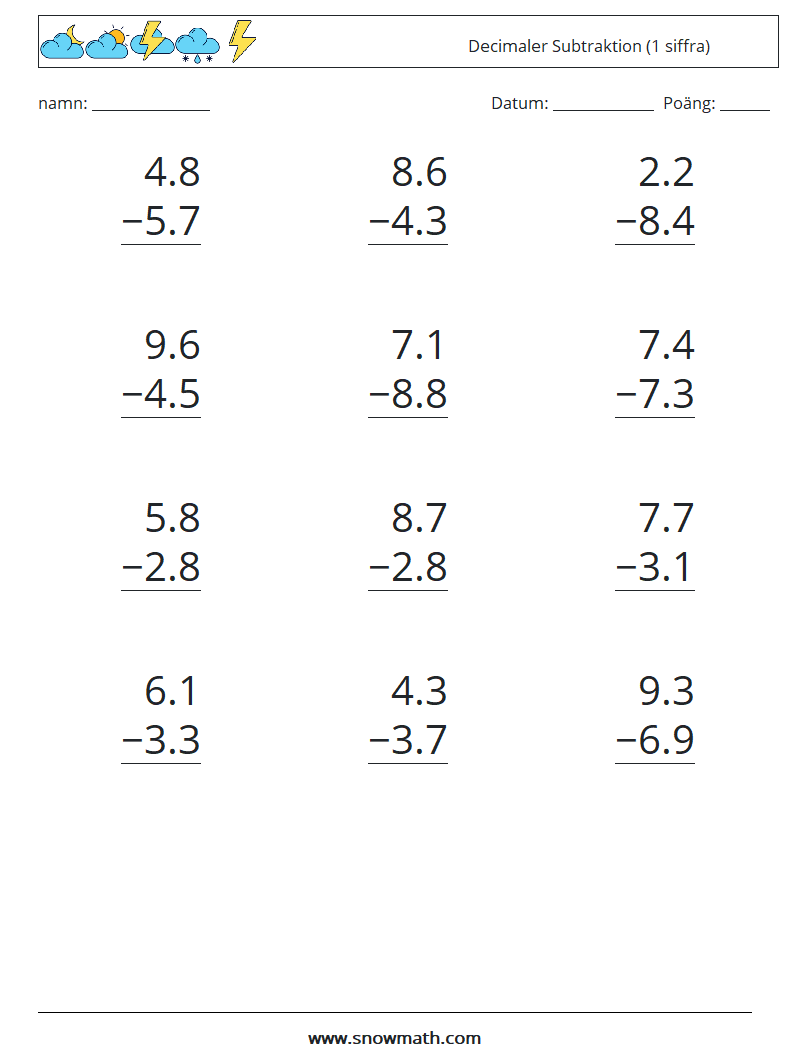 (12) Decimaler Subtraktion (1 siffra) Matematiska arbetsblad 12