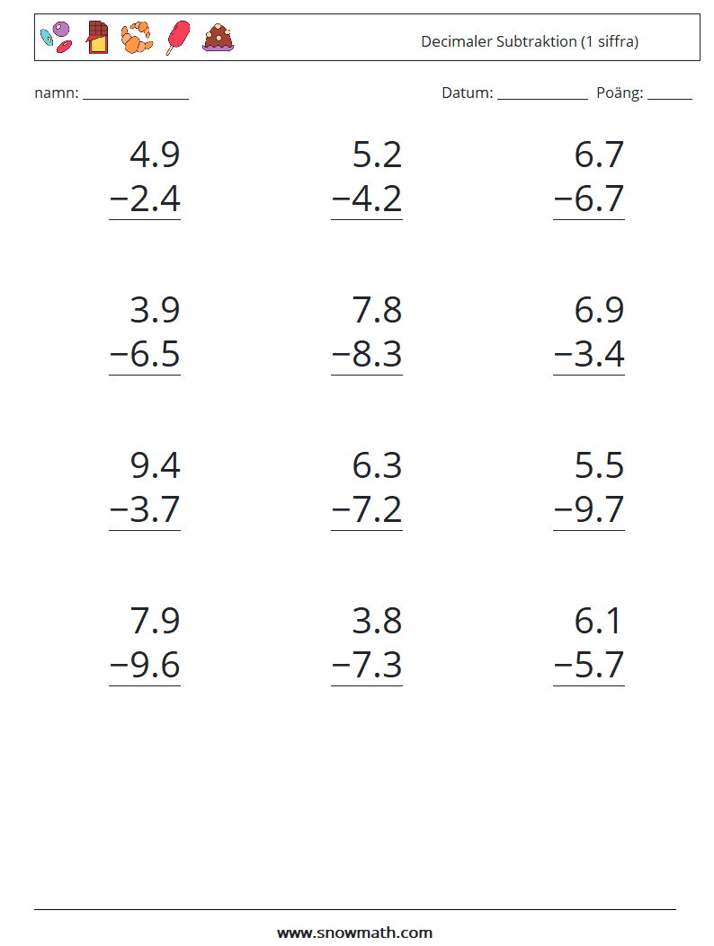 (12) Decimaler Subtraktion (1 siffra) Matematiska arbetsblad 13