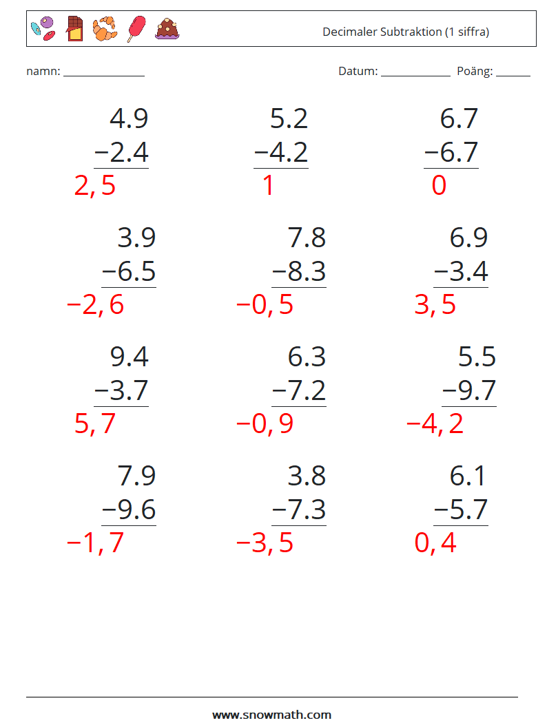 (12) Decimaler Subtraktion (1 siffra) Matematiska arbetsblad 13 Fråga, svar