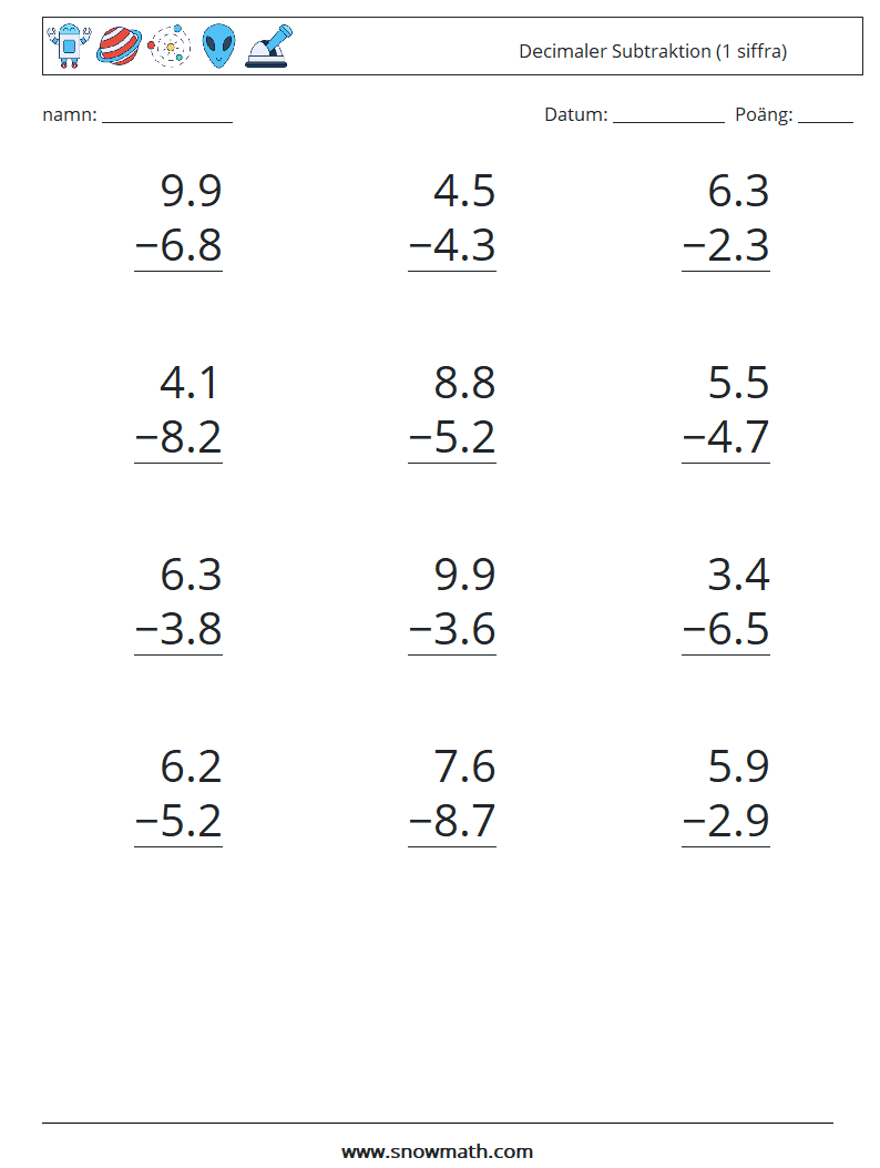 (12) Decimaler Subtraktion (1 siffra) Matematiska arbetsblad 14