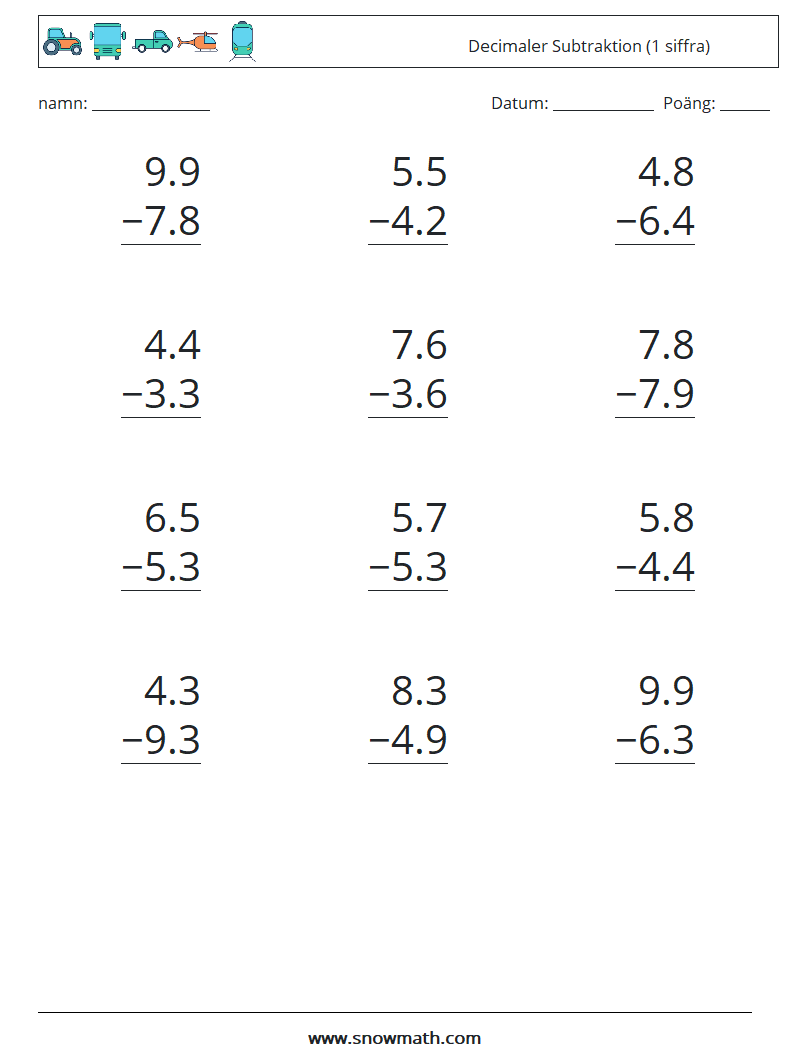 (12) Decimaler Subtraktion (1 siffra) Matematiska arbetsblad 15