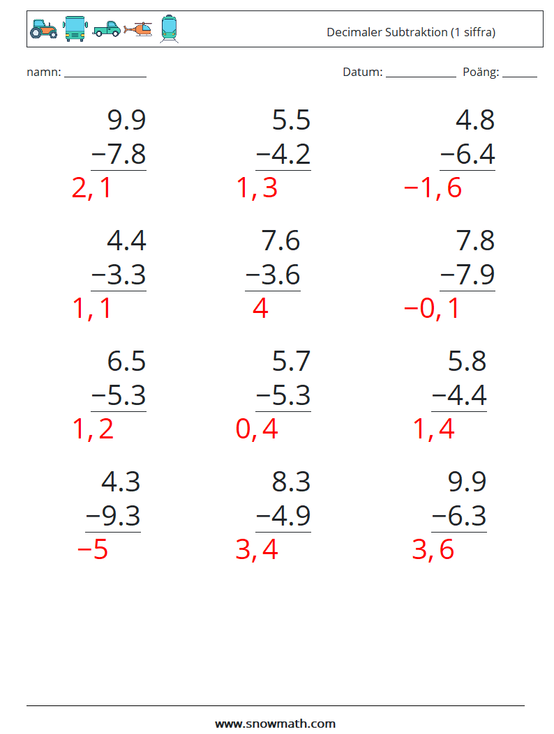 (12) Decimaler Subtraktion (1 siffra) Matematiska arbetsblad 15 Fråga, svar