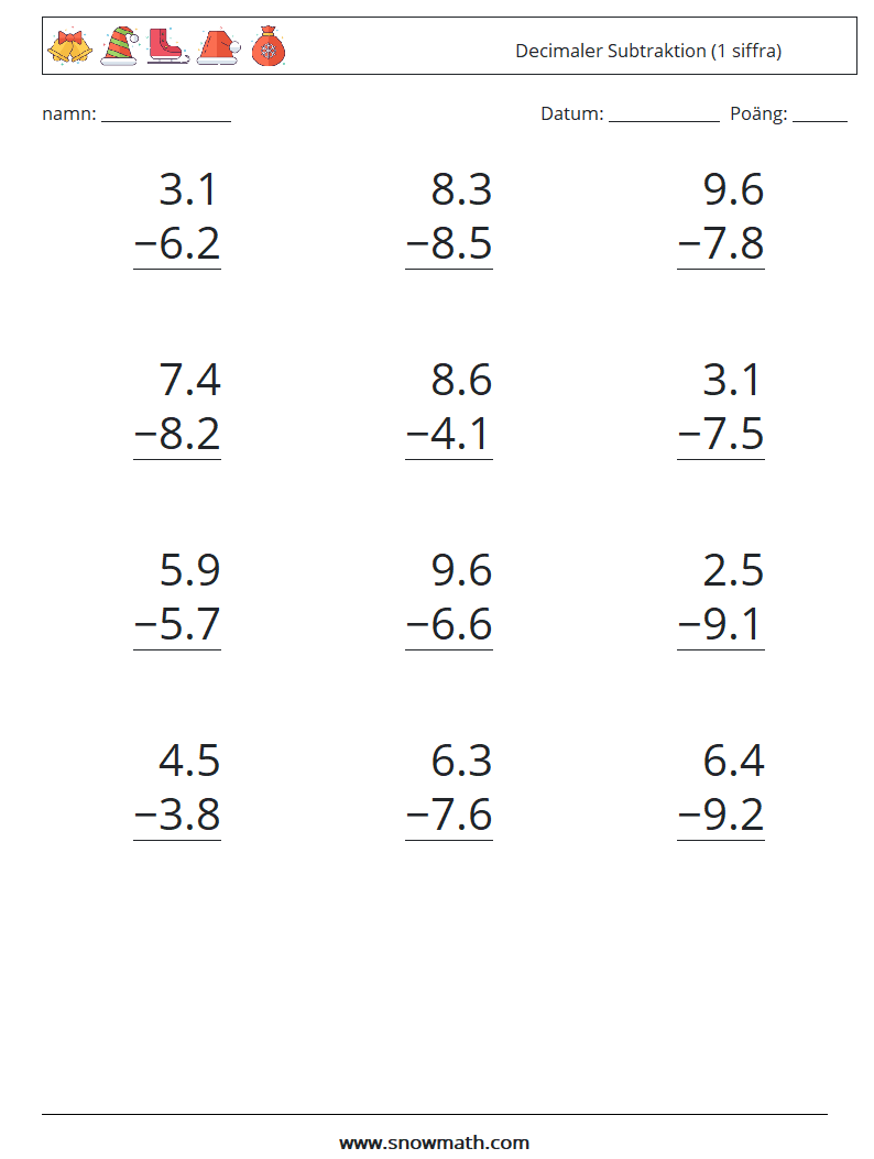 (12) Decimaler Subtraktion (1 siffra) Matematiska arbetsblad 16