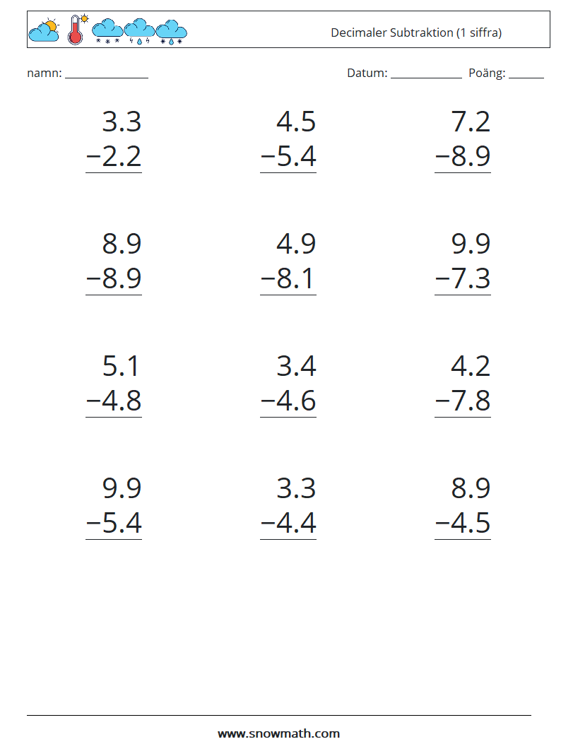 (12) Decimaler Subtraktion (1 siffra) Matematiska arbetsblad 17