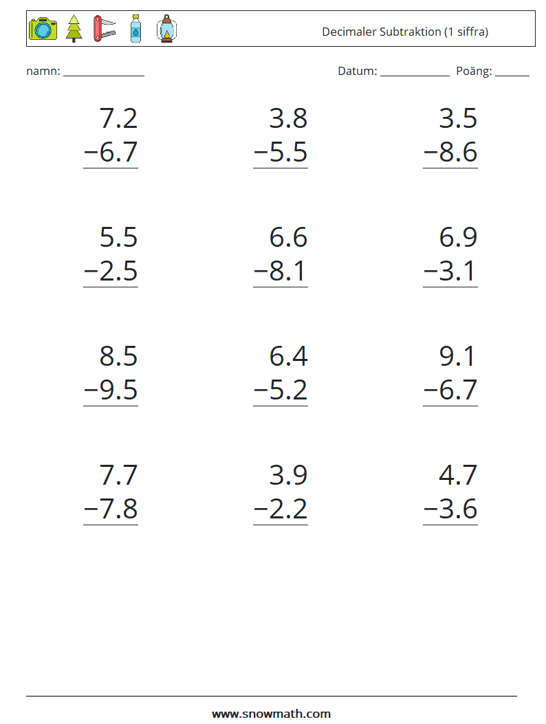 (12) Decimaler Subtraktion (1 siffra) Matematiska arbetsblad 18