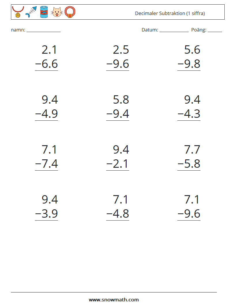 (12) Decimaler Subtraktion (1 siffra) Matematiska arbetsblad 2