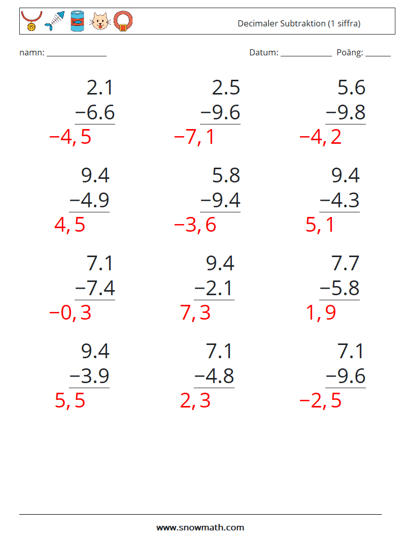 (12) Decimaler Subtraktion (1 siffra) Matematiska arbetsblad 2 Fråga, svar