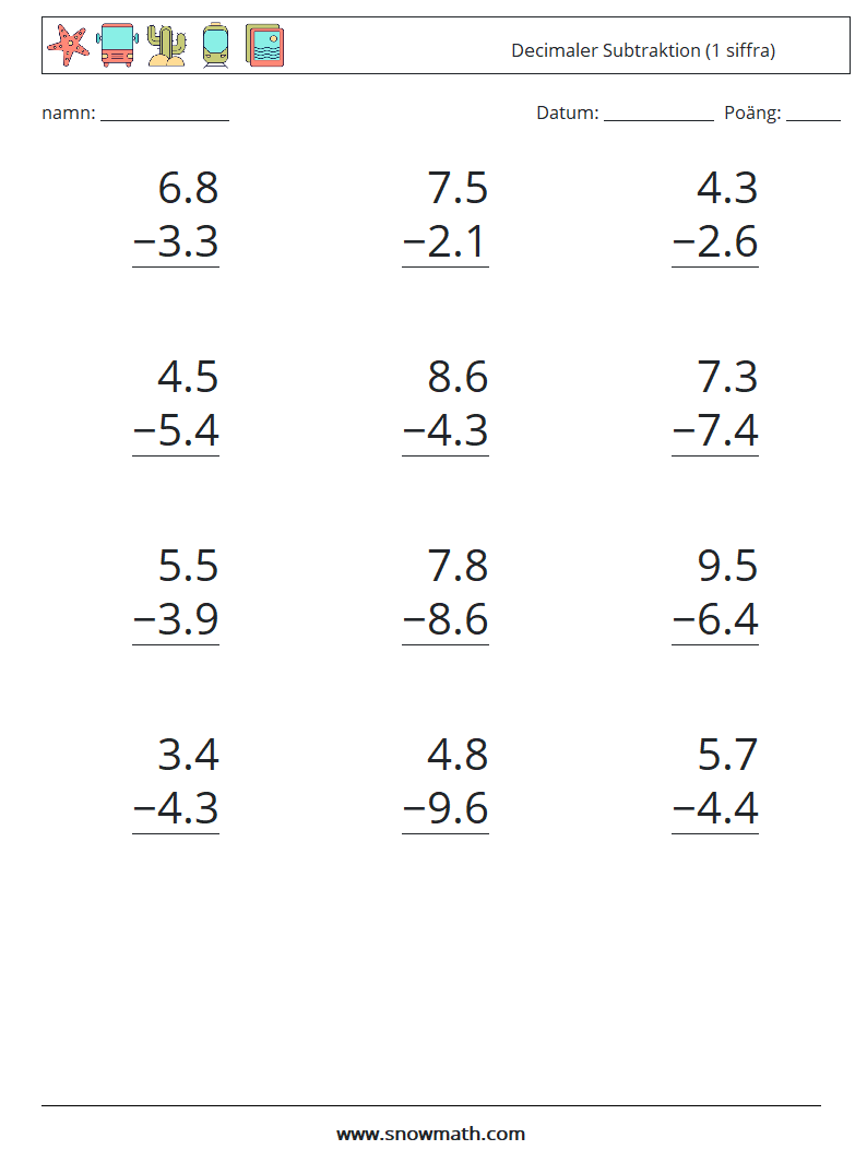 (12) Decimaler Subtraktion (1 siffra) Matematiska arbetsblad 3