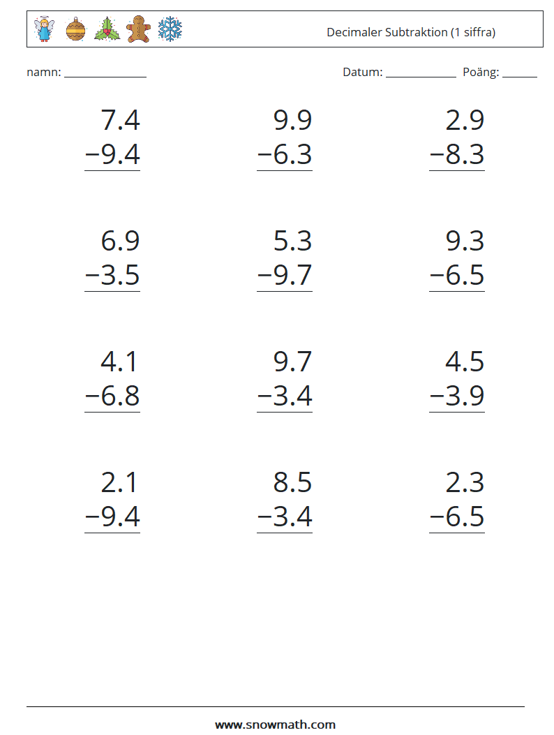 (12) Decimaler Subtraktion (1 siffra) Matematiska arbetsblad 4