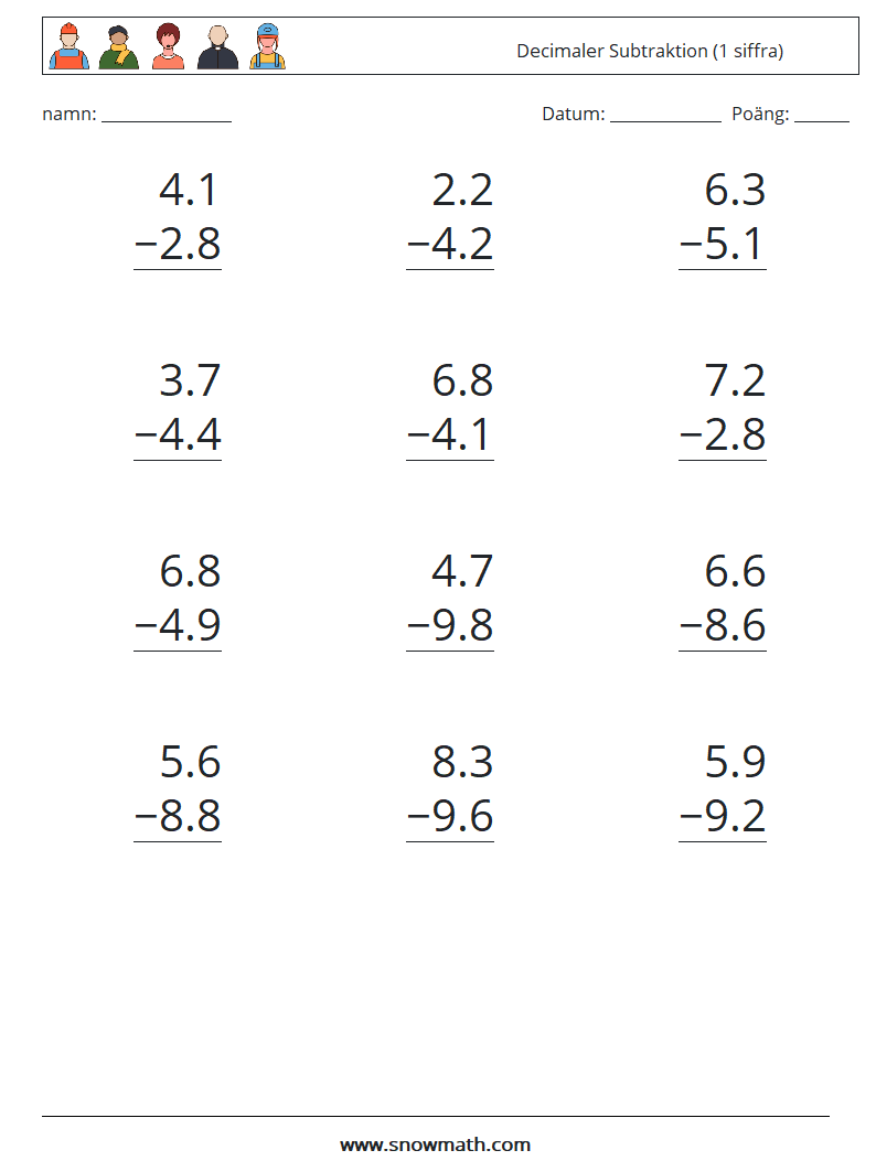 (12) Decimaler Subtraktion (1 siffra) Matematiska arbetsblad 5