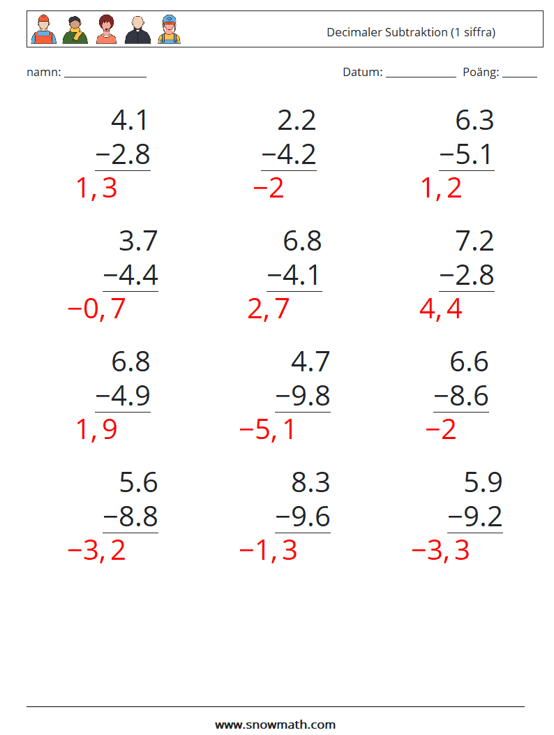 (12) Decimaler Subtraktion (1 siffra) Matematiska arbetsblad 5 Fråga, svar