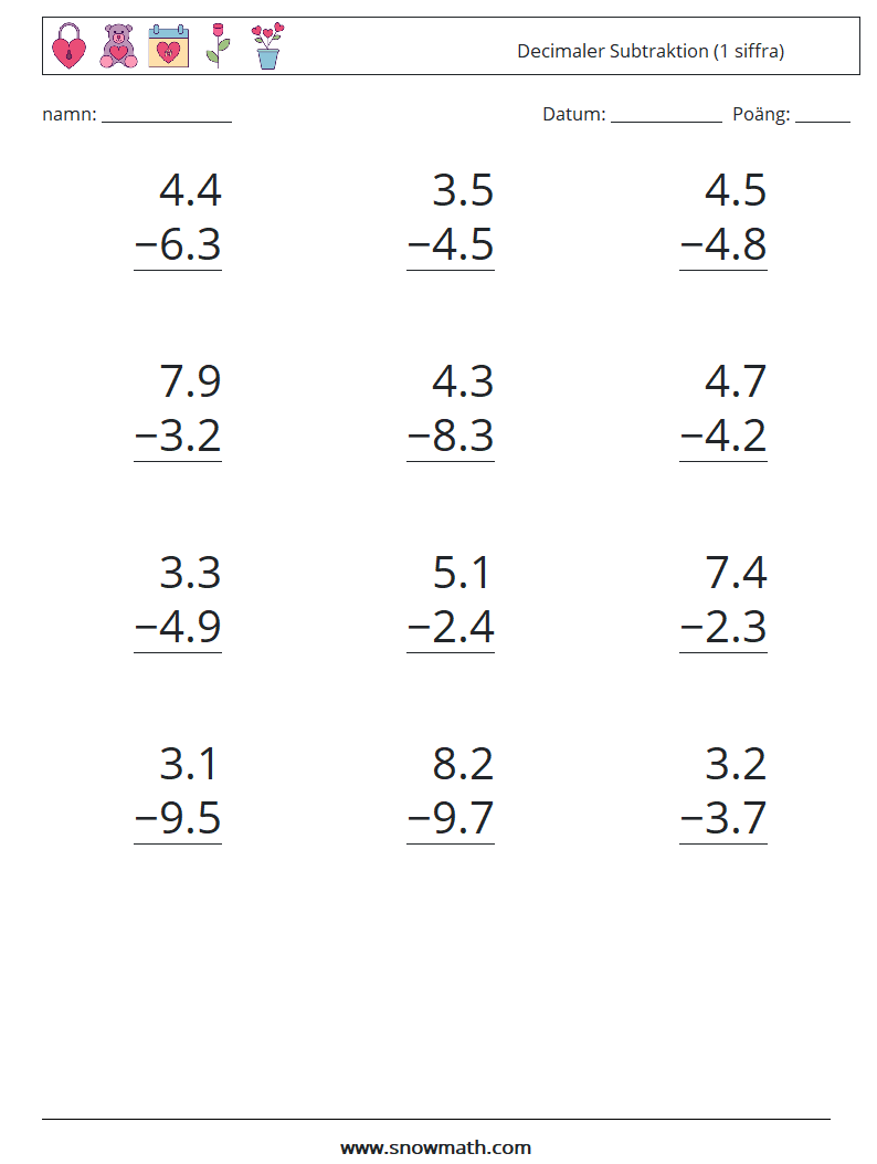 (12) Decimaler Subtraktion (1 siffra) Matematiska arbetsblad 6