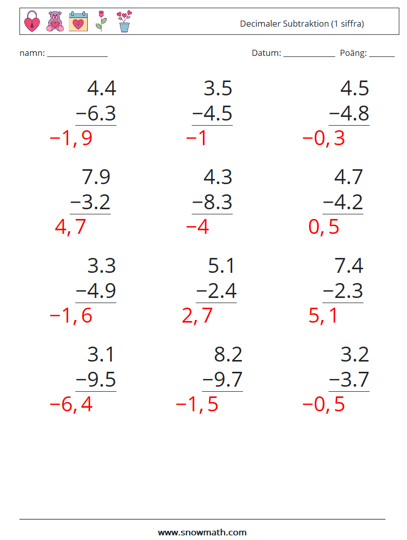 (12) Decimaler Subtraktion (1 siffra) Matematiska arbetsblad 6 Fråga, svar