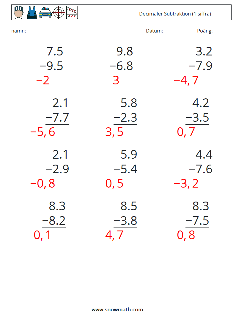 (12) Decimaler Subtraktion (1 siffra) Matematiska arbetsblad 7 Fråga, svar