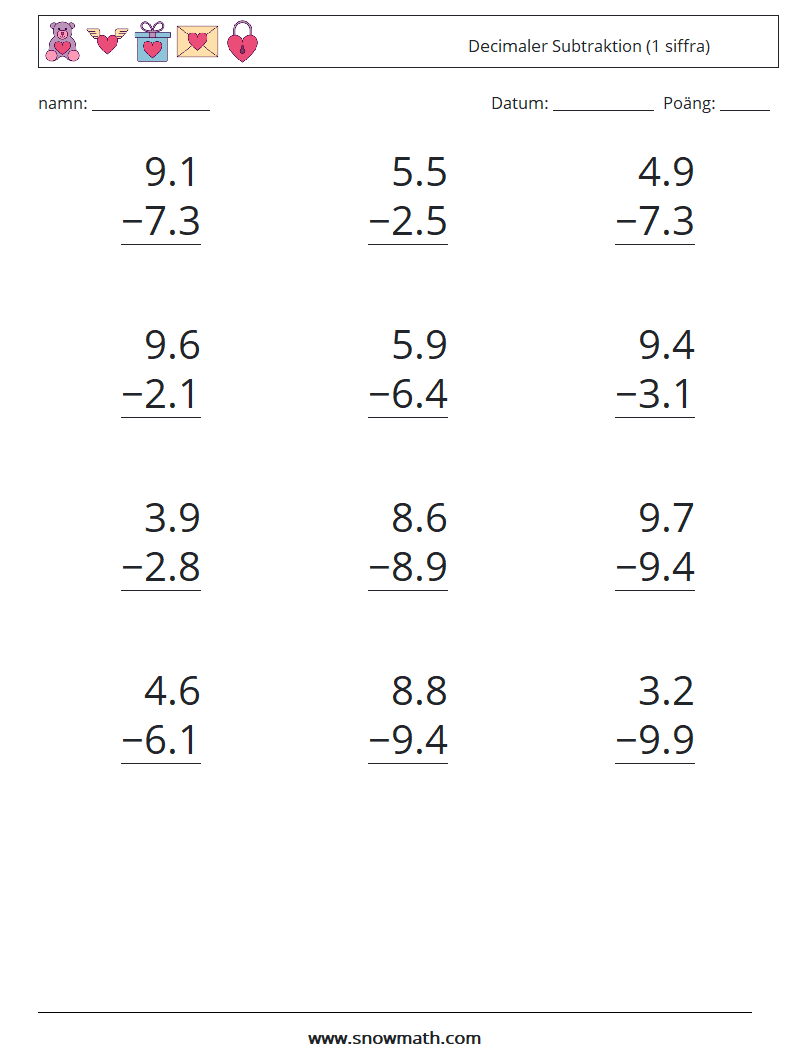 (12) Decimaler Subtraktion (1 siffra) Matematiska arbetsblad 8