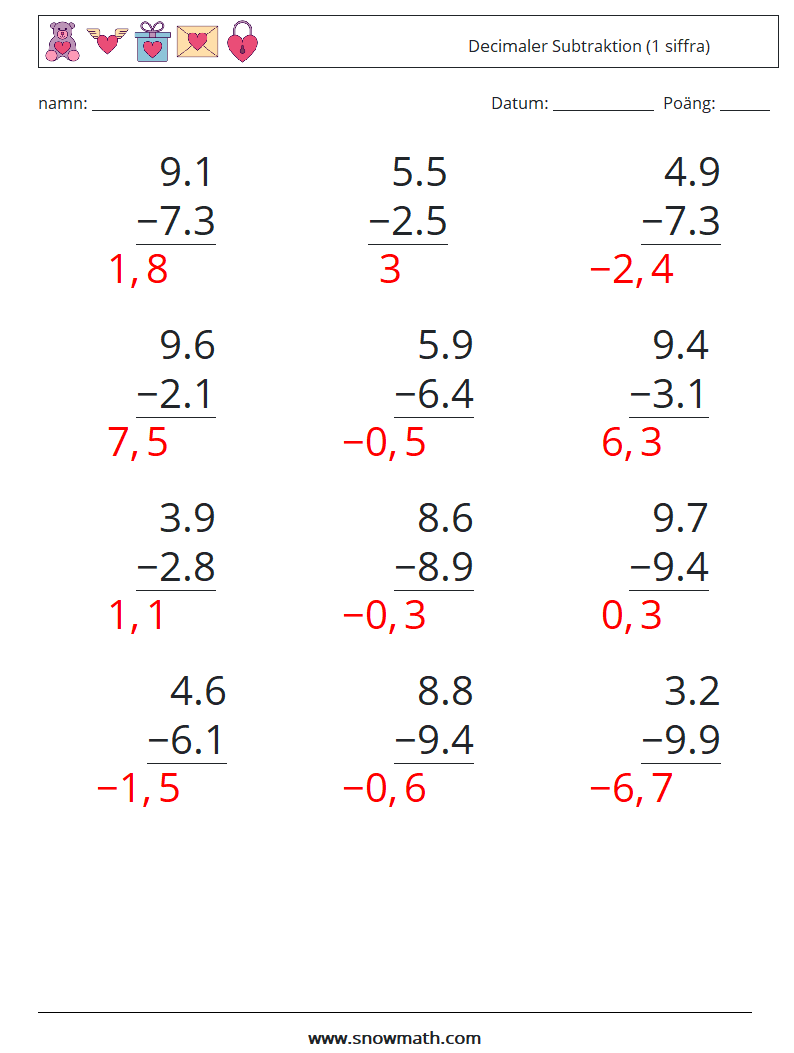 (12) Decimaler Subtraktion (1 siffra) Matematiska arbetsblad 8 Fråga, svar