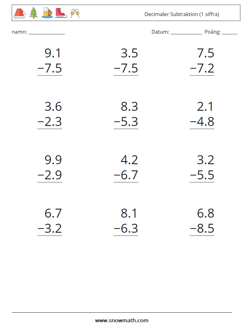 (12) Decimaler Subtraktion (1 siffra) Matematiska arbetsblad 9