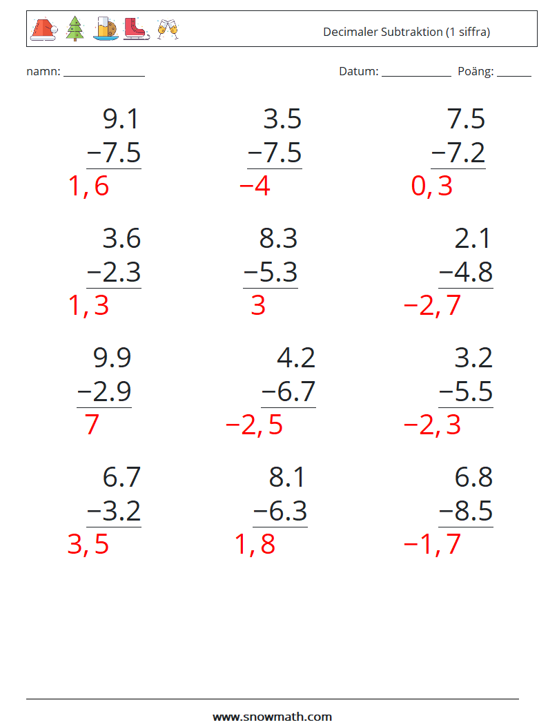 (12) Decimaler Subtraktion (1 siffra) Matematiska arbetsblad 9 Fråga, svar