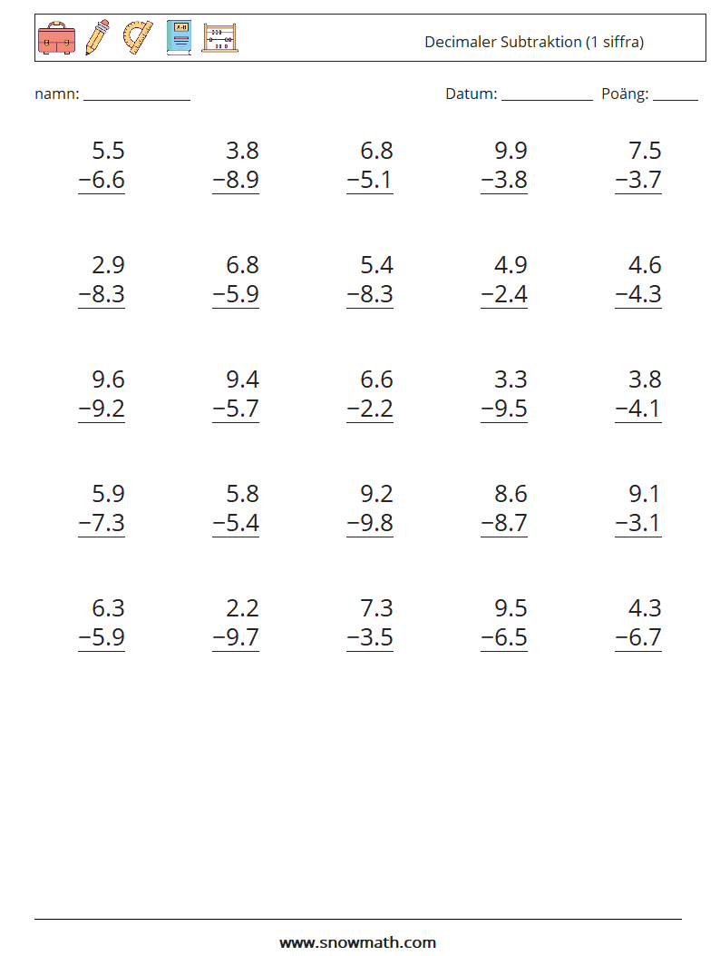 (25) Decimaler Subtraktion (1 siffra)