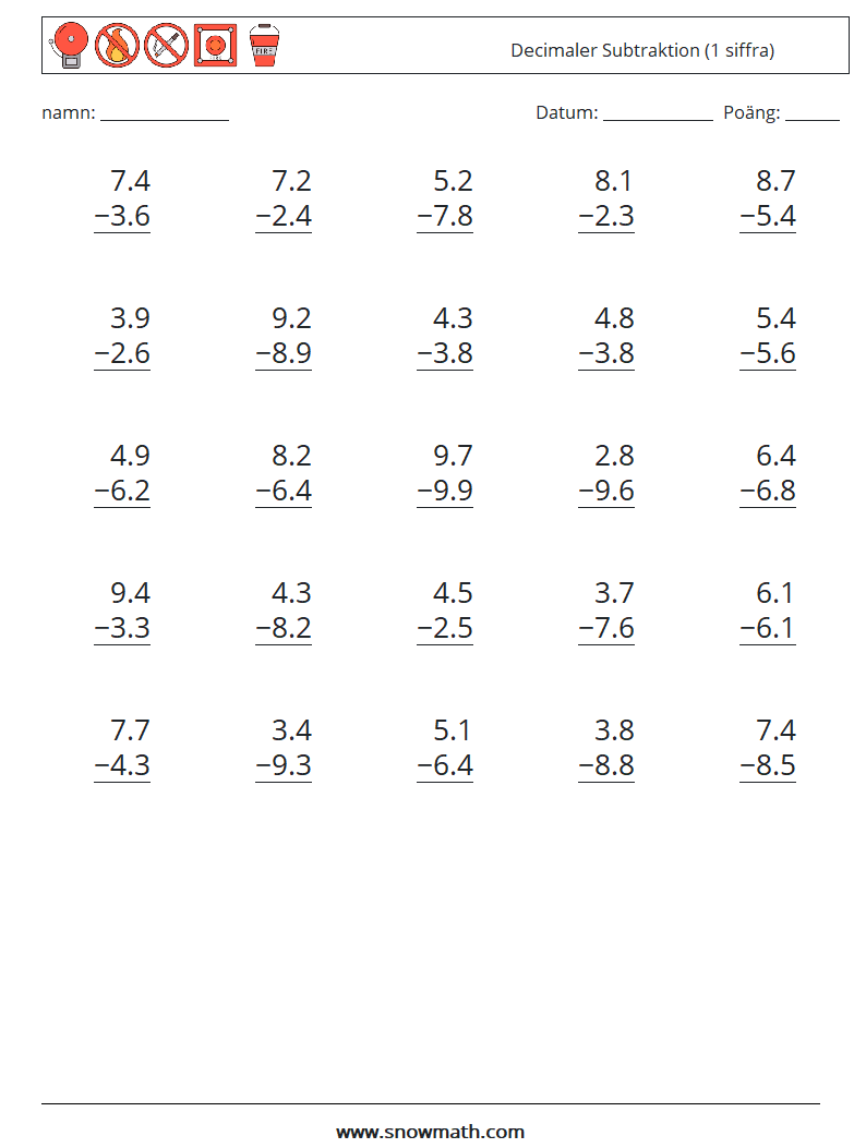 (25) Decimaler Subtraktion (1 siffra) Matematiska arbetsblad 10