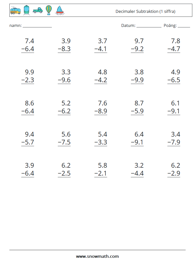 (25) Decimaler Subtraktion (1 siffra) Matematiska arbetsblad 11