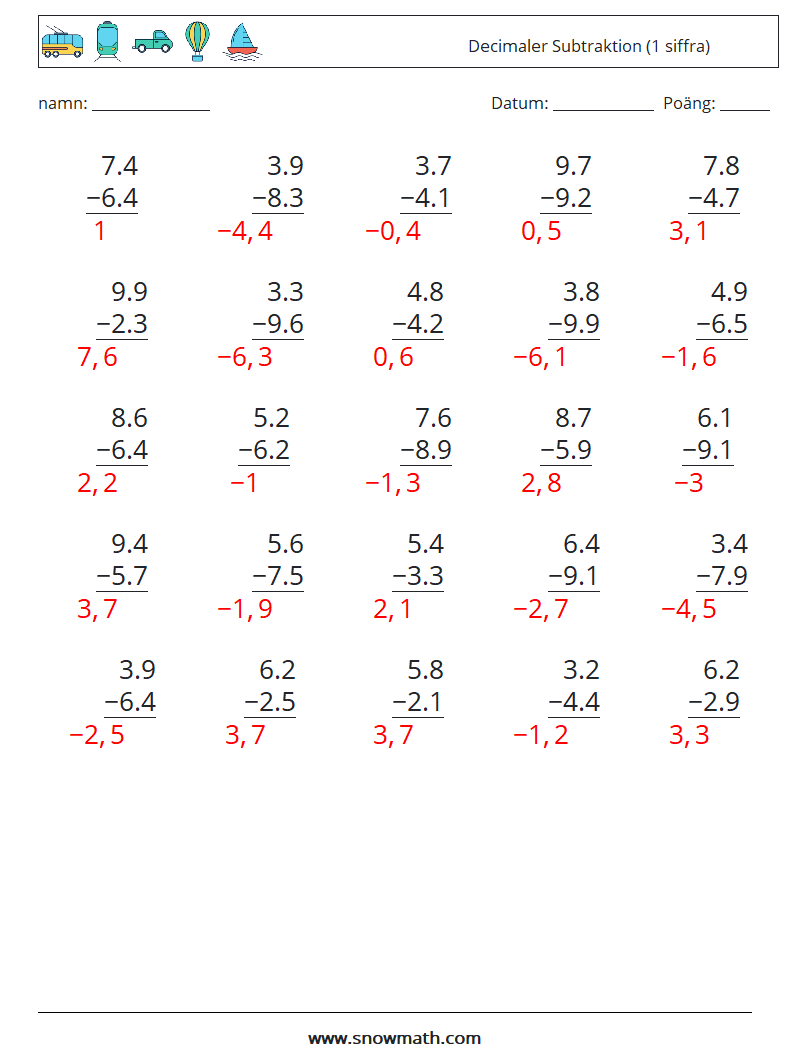 (25) Decimaler Subtraktion (1 siffra) Matematiska arbetsblad 11 Fråga, svar
