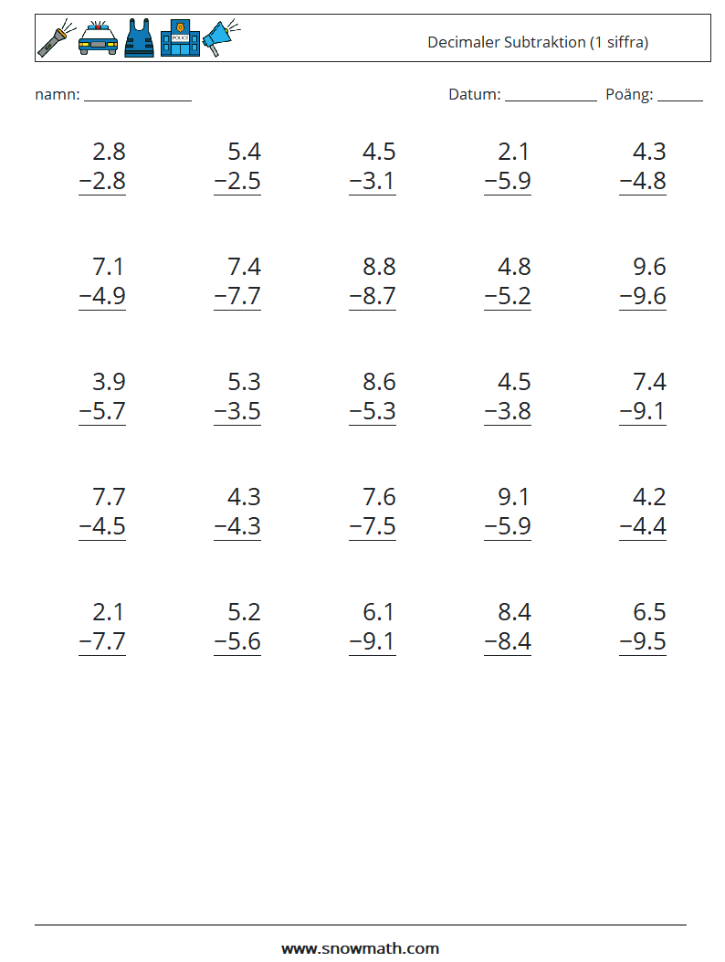 (25) Decimaler Subtraktion (1 siffra) Matematiska arbetsblad 12