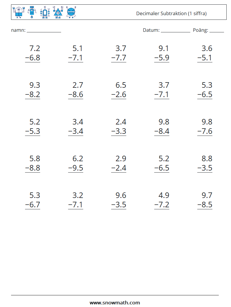 (25) Decimaler Subtraktion (1 siffra) Matematiska arbetsblad 13