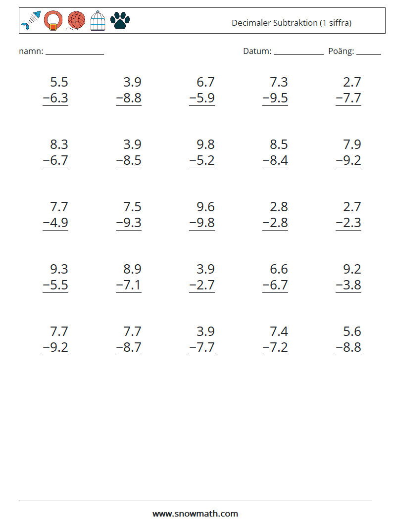 (25) Decimaler Subtraktion (1 siffra) Matematiska arbetsblad 14