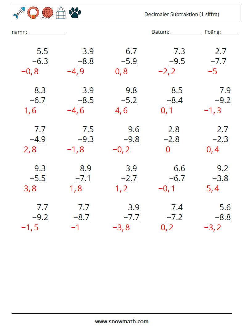 (25) Decimaler Subtraktion (1 siffra) Matematiska arbetsblad 14 Fråga, svar