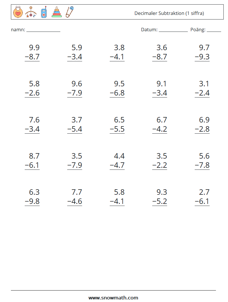 (25) Decimaler Subtraktion (1 siffra) Matematiska arbetsblad 15